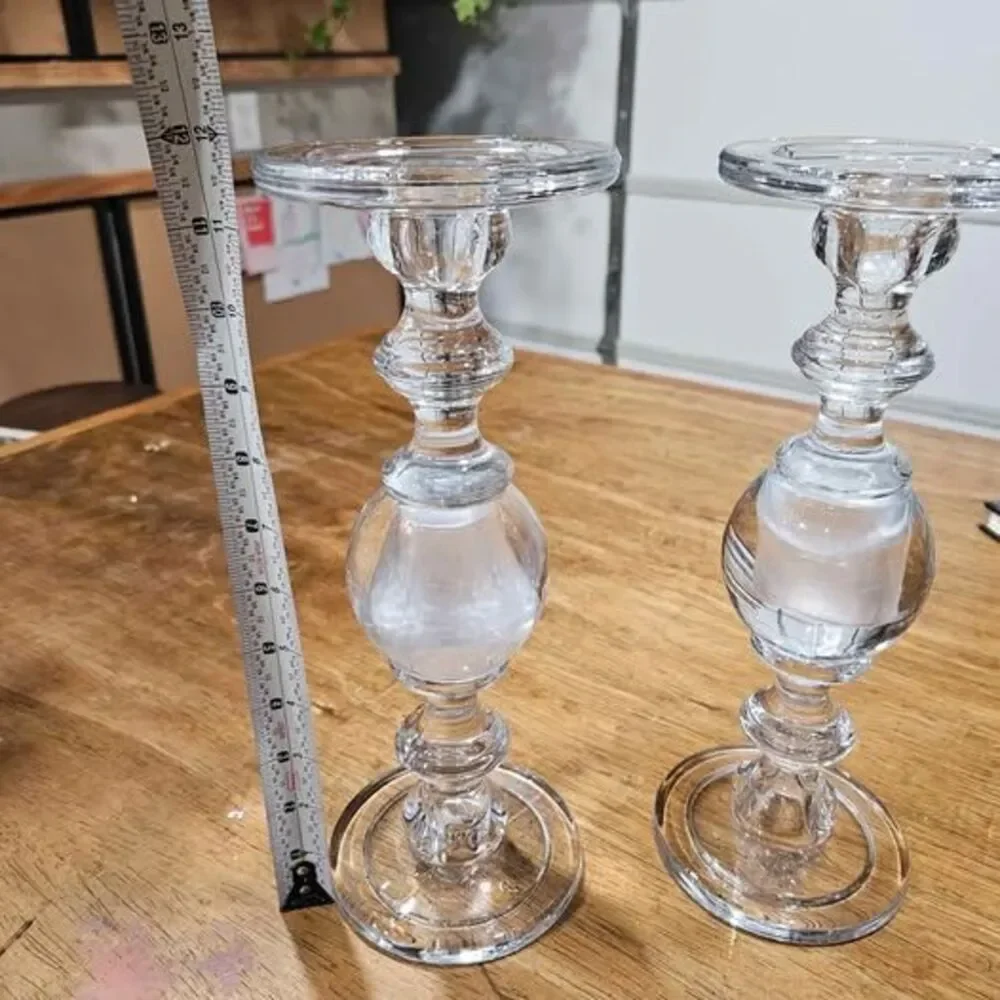 Pair tall clear glass decorative candle holders